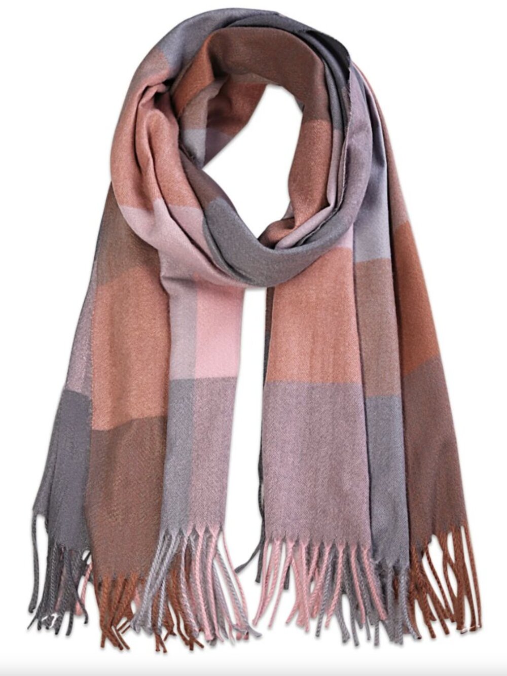 NWT Soft Plaid Fringe Scarf in Grey, Mauve & Dusty Rose